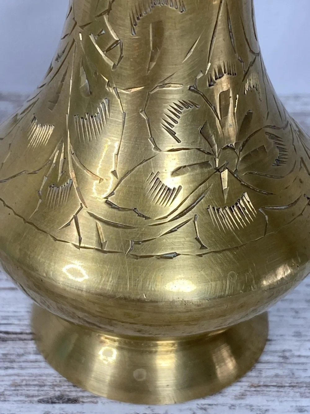 Vintage Brass Vase Etched Floral Mid Century Boho India 8.25”